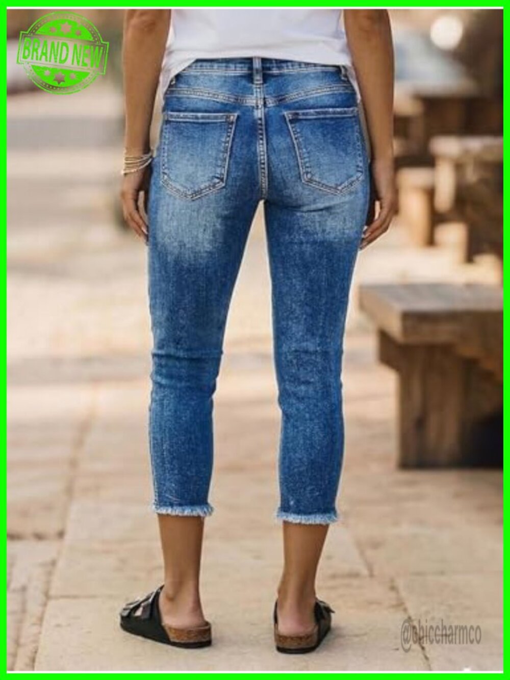 Mid Rise Capri Skinny Jeans Ripped Raw Hem Casual Denim - Picture 3 of 5